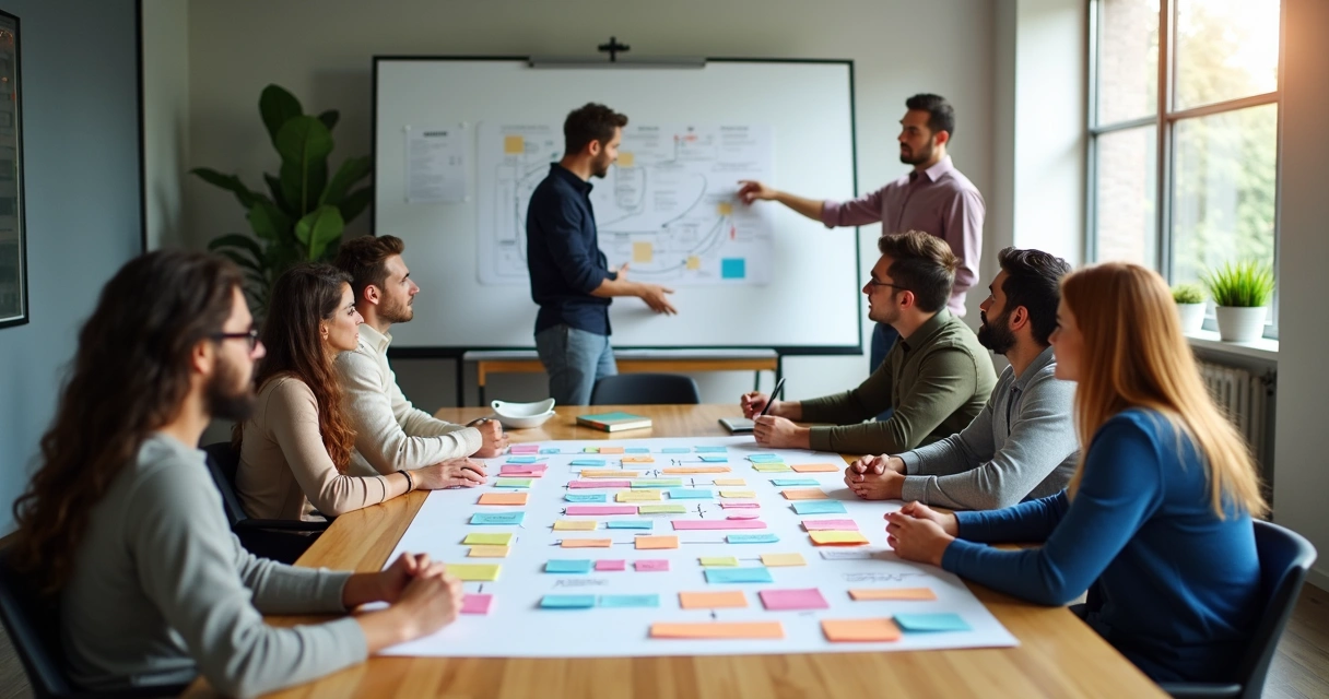 Equipe reunida examinando fluxogramas de processos em um quadro branco 