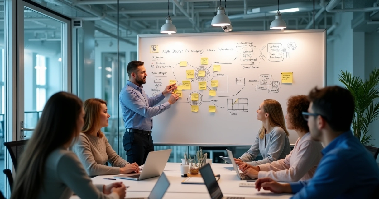 Equipe diversa em reunião analisando processos em quadro branco 