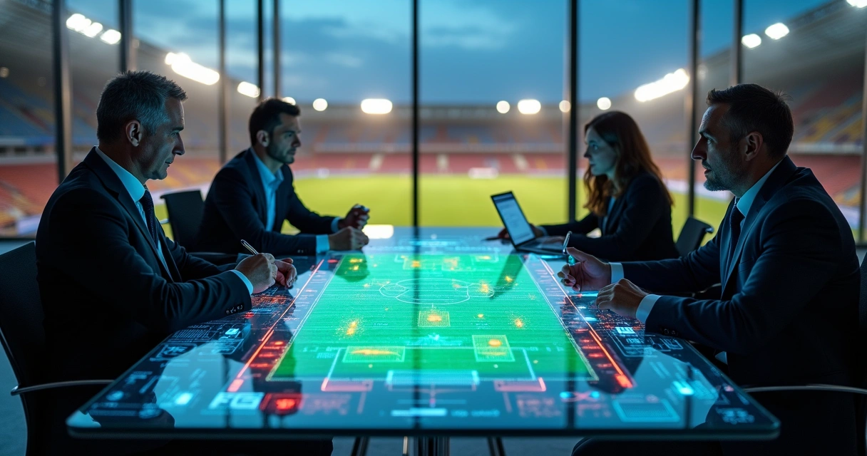 Executivos analisando opções de anúncios no esporte com campo de futebol projetado na mesa 