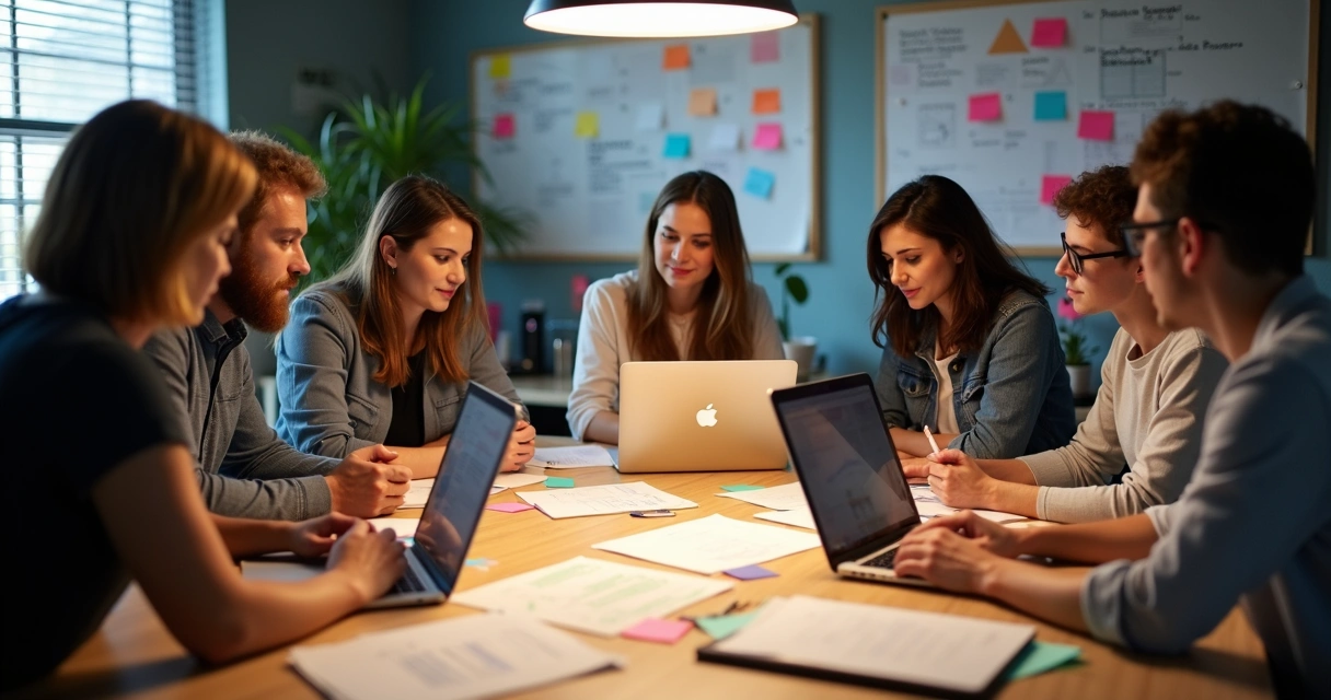 Equipe de marketing reunida analisando documentos em uma mesa 