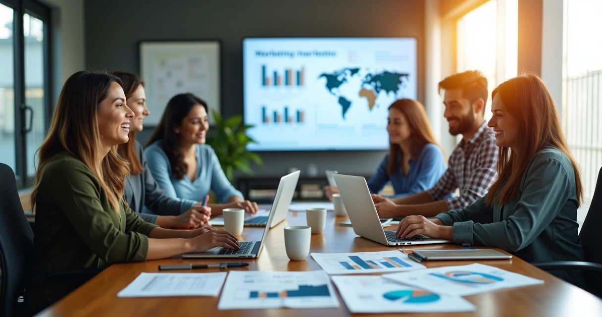 Equipe de marketing reunida em escritório com computadores e gráficos na tela 