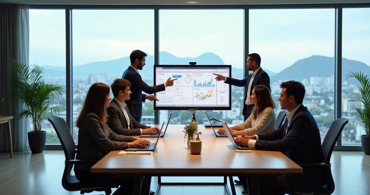 Equipe de marketing em reunião com vista para Belo Horizonte ao fundo 