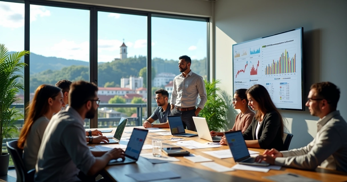 Equipe de marketing em reunião com vista urbana de Bragança Paulista ao fundo 
