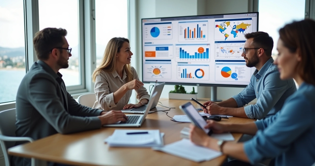Equipe de marketing reunida em mesa com tela mostrando gráfico de crescimento 