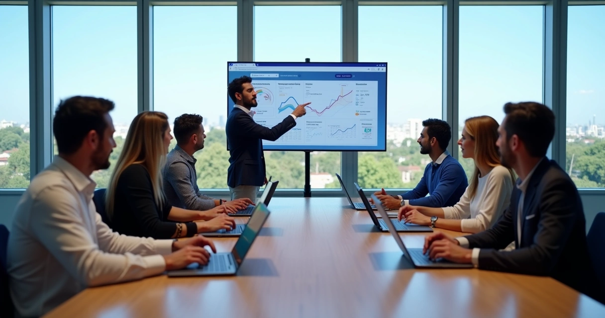 Equipe de marketing em reunião estratégica com vista aérea de Campo Grande ao fundo 