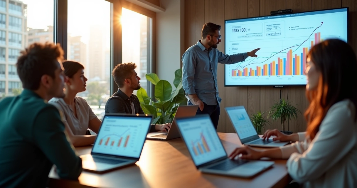 Equipe de marketing analisando gráficos em reunião em escritório moderno 