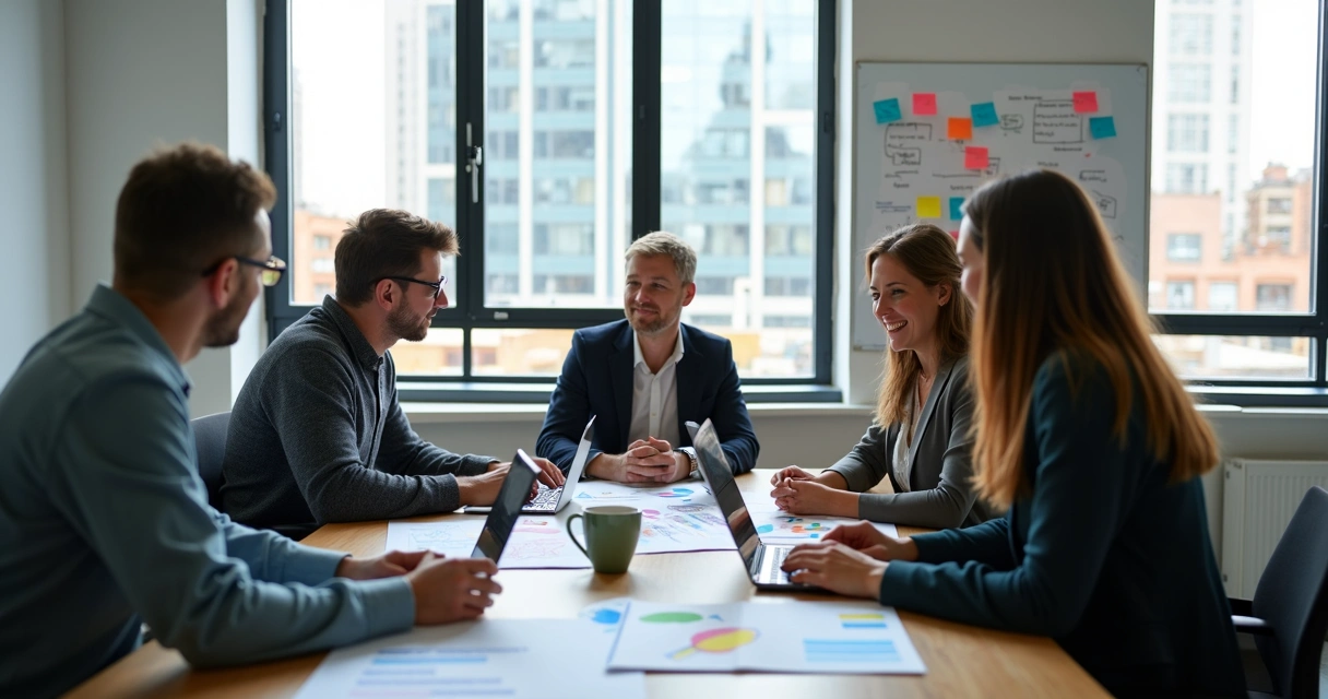 Equipe de marketing discutindo estratégias com gráficos e notebooks em sala de reunião 
