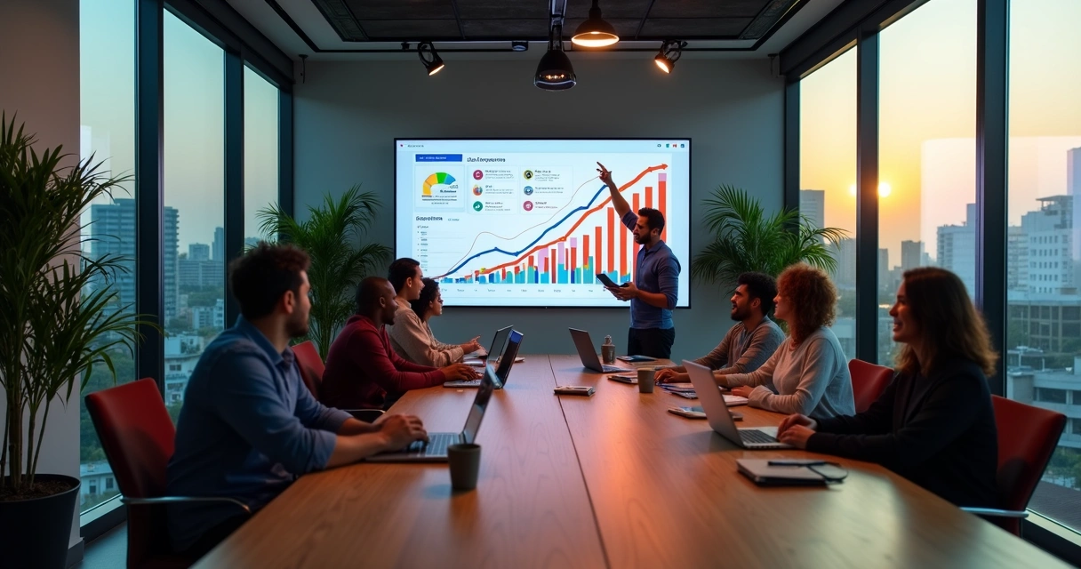 Equipe de marketing reunida em escritório moderno analisando gráficos em tela grande 