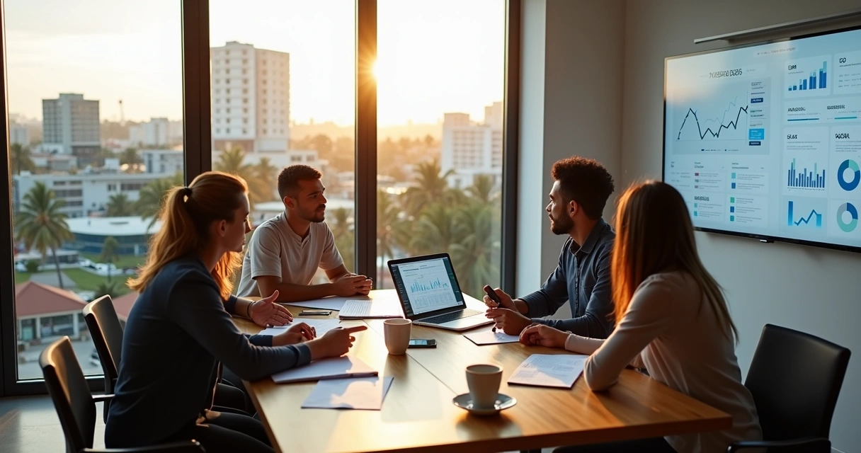 Equipe de marketing em reunião estratégica em escritório moderno 