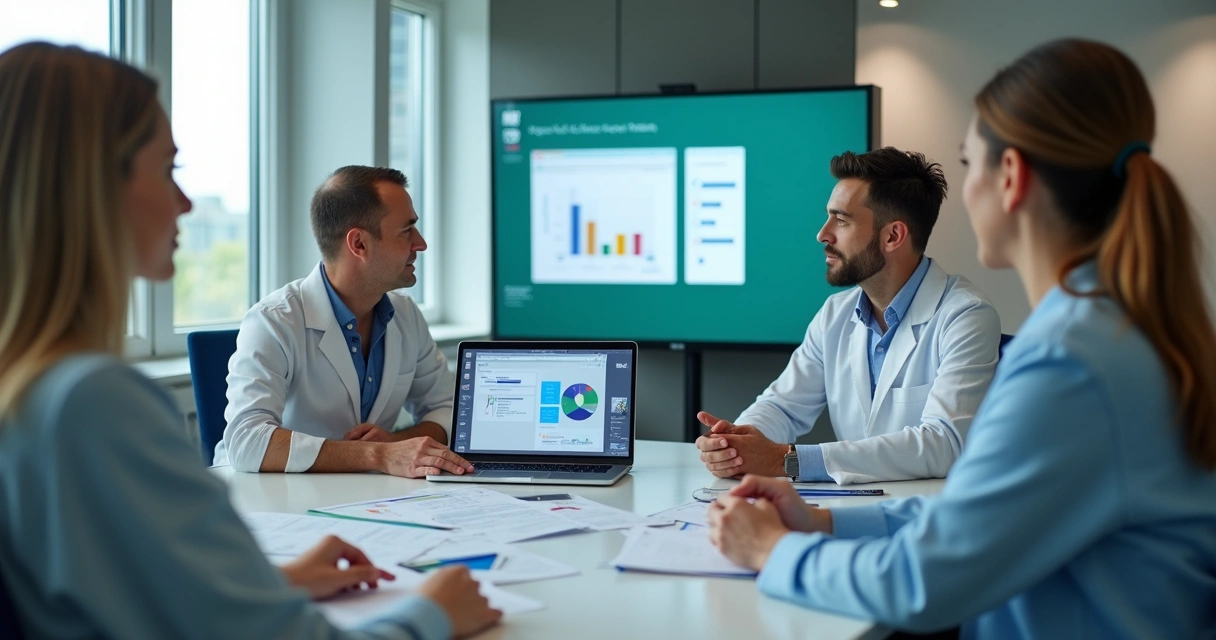 Reunião entre gestor de clínica odontológica e equipe de marketing 