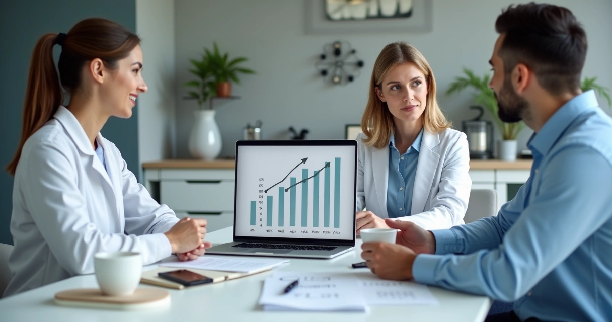 Reunião entre equipe de marketing e clínica odontológica com gráficos 