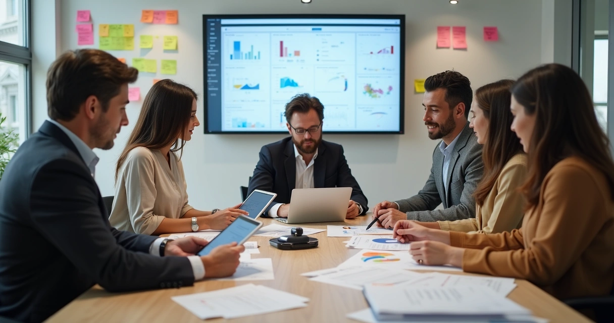 Reunião entre equipe de marketing e comercial alinhando estratégias B2B 