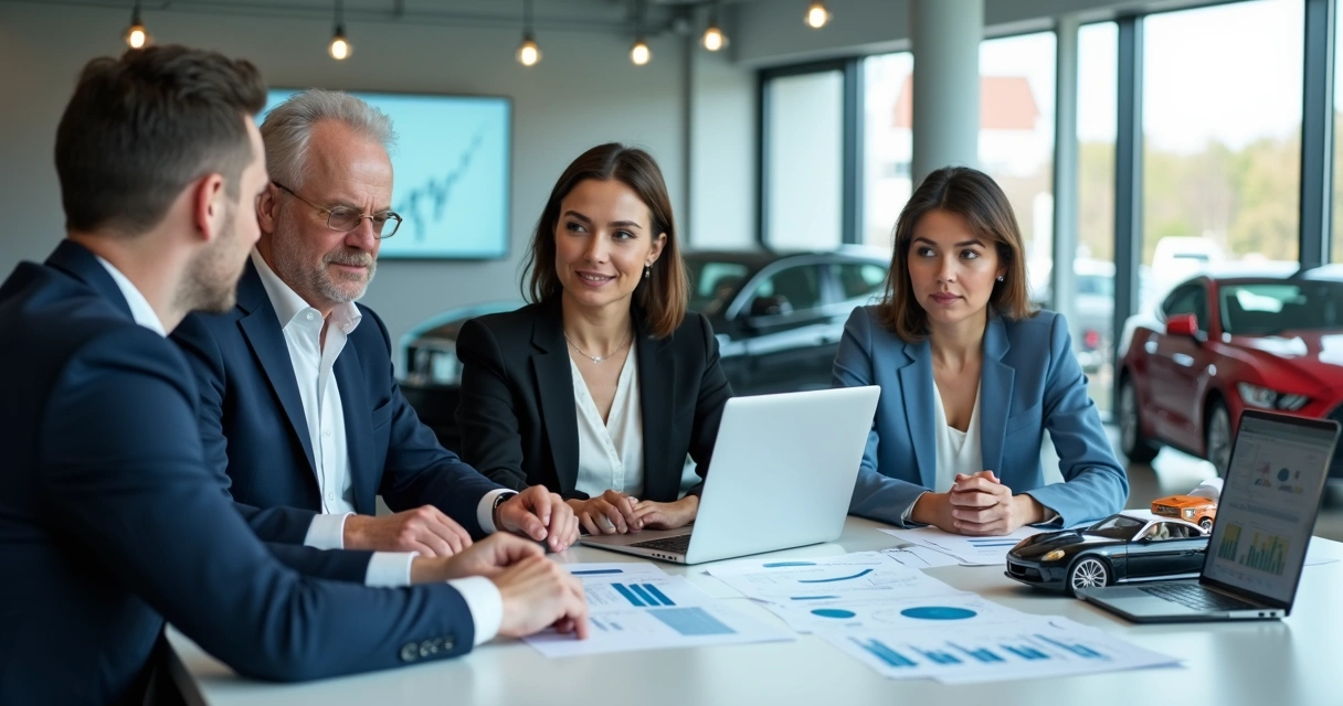 Equipe de marketing e vendas analisando estratégias digitais para concessionária 
