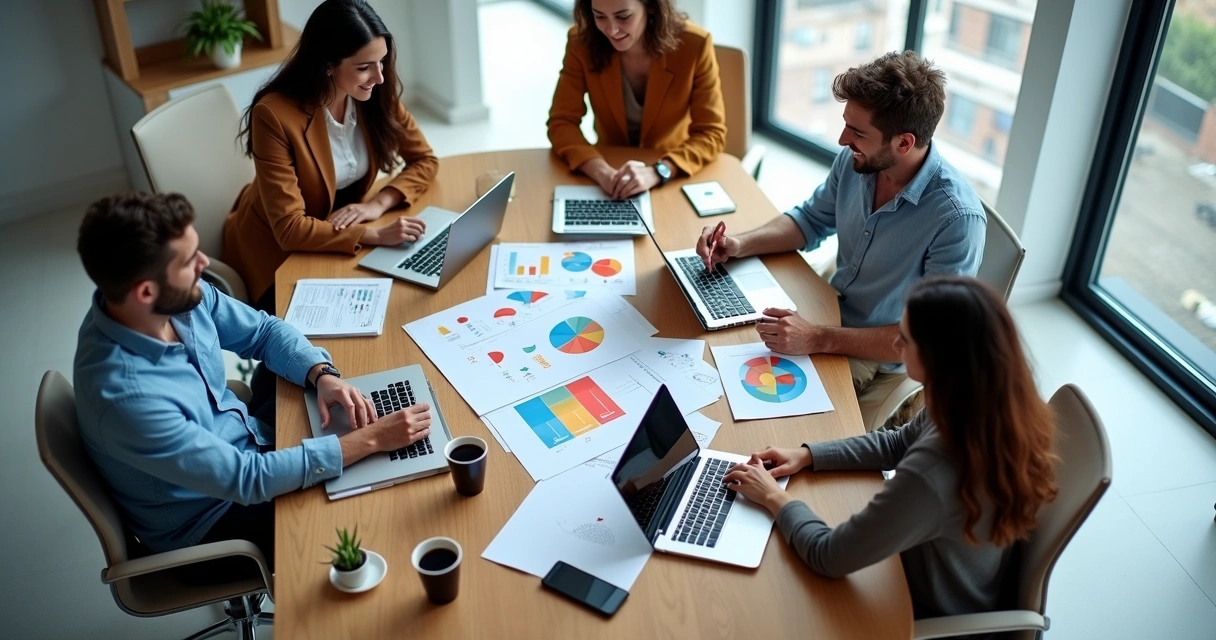 Equipe de marketing reunida em uma mesa de escritório em Carapicuíba 
