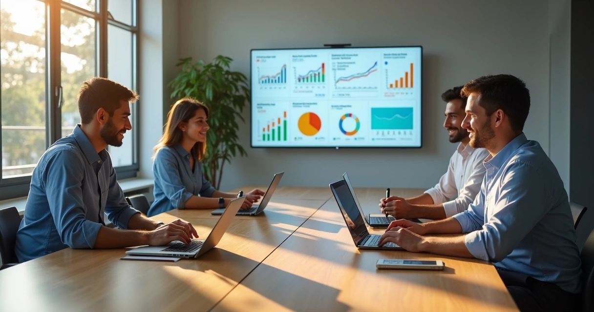Equipe de marketing reunida em escritório moderno analisando gráficos de desempenho 
