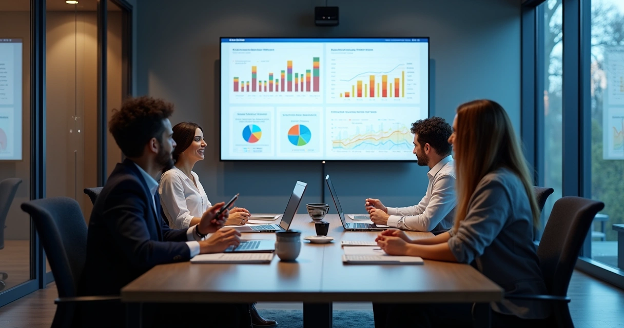 Equipe de marketing analisando dados financeiros em reunião 