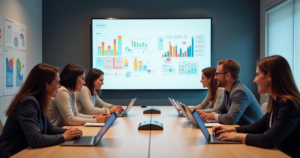 Especialistas de marketing discutem gráficos em reunião colaborativa 