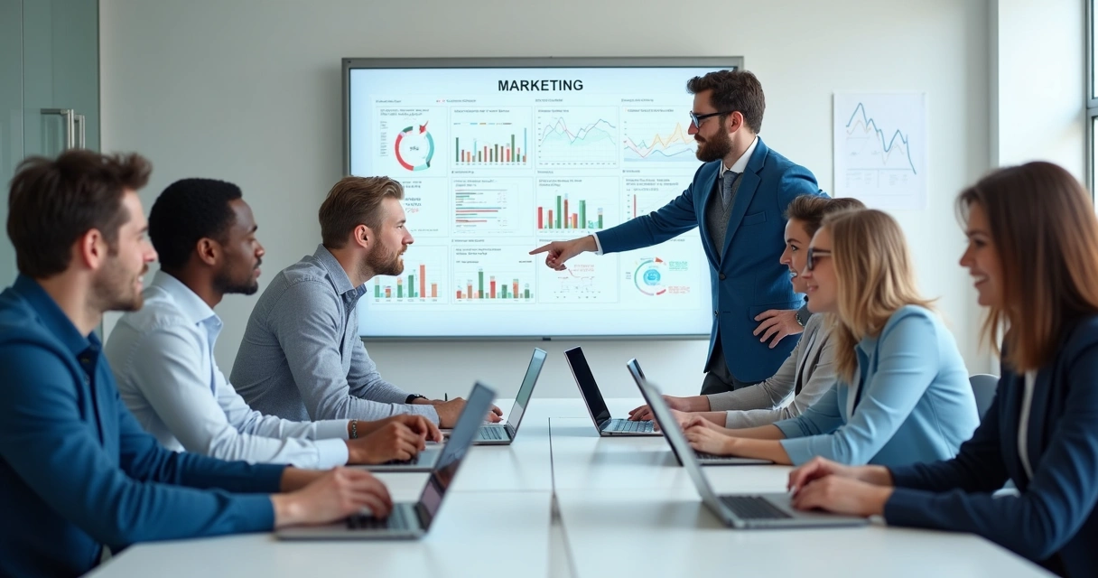 Equipe de marketing analisando dados de campanhas digitais em reunião 