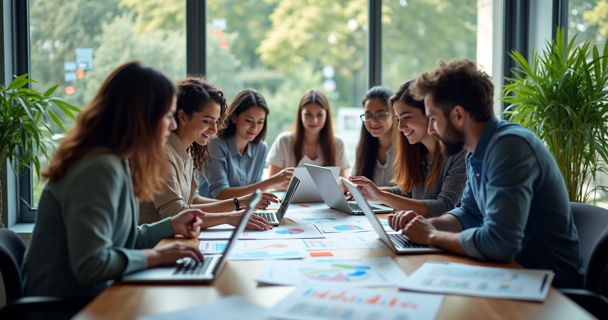 Equipe de marketing digital reunida em torno de uma mesa analisando gráficos 