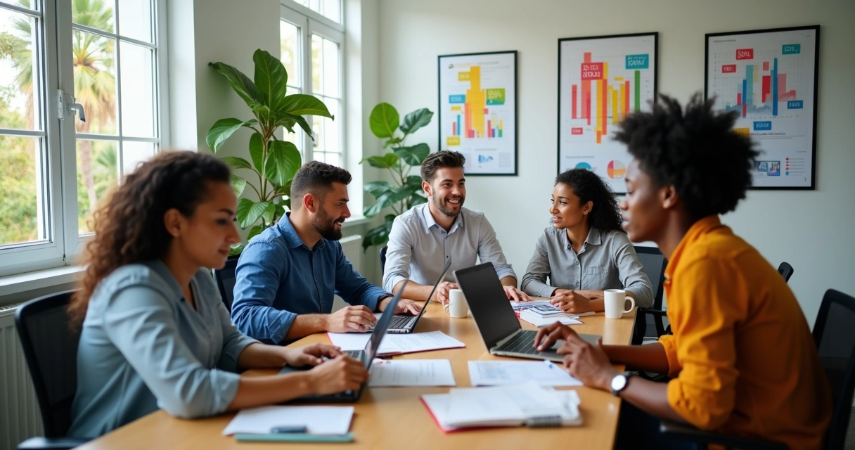 Equipe de marketing digital reunida em uma mesa moderna discutindo estratégias de campanha 