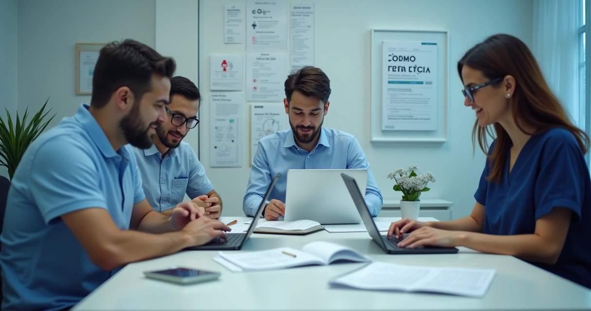 Equipe de marketing reunida em clínica odontológica analisando computador e anotações.