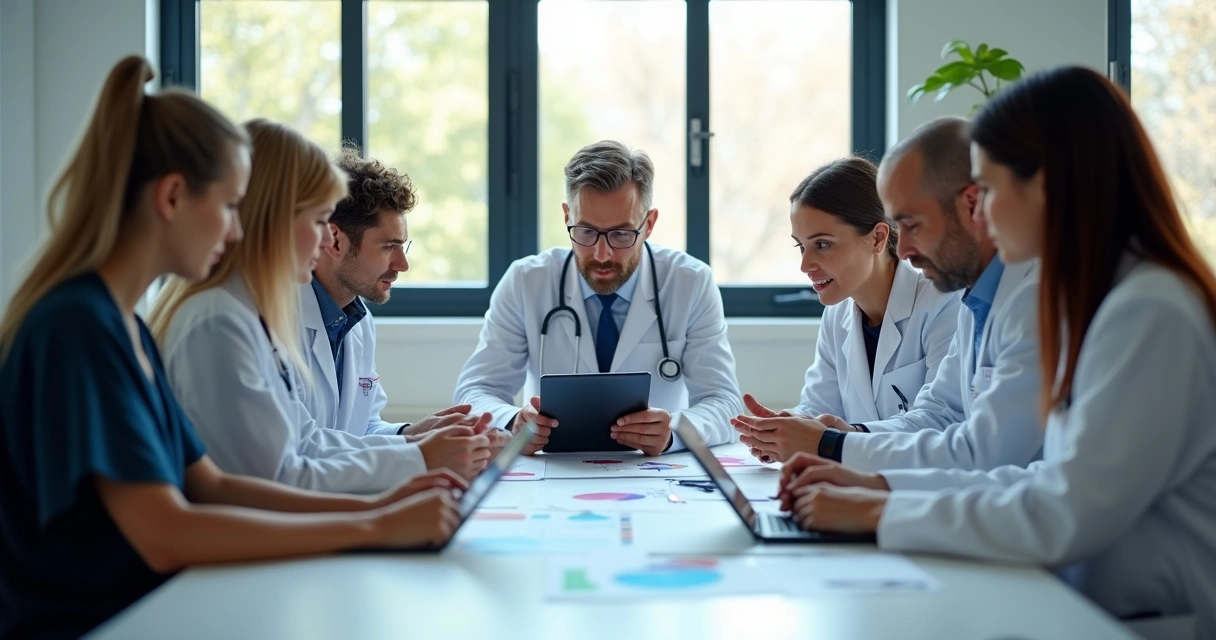 Time de marketing reunido com médica discutindo estratégias 