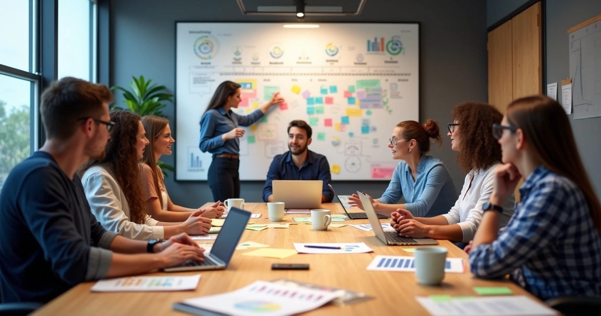 Equipe de marketing digital em reunião ao redor de uma mesa com laptops e anotações 