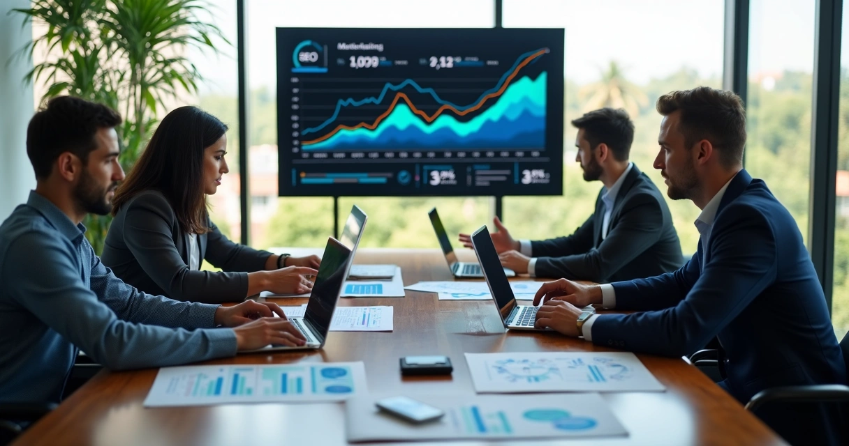 Equipe de marketing reunida em mesa de reunião moderna analisando gráficos digitais 