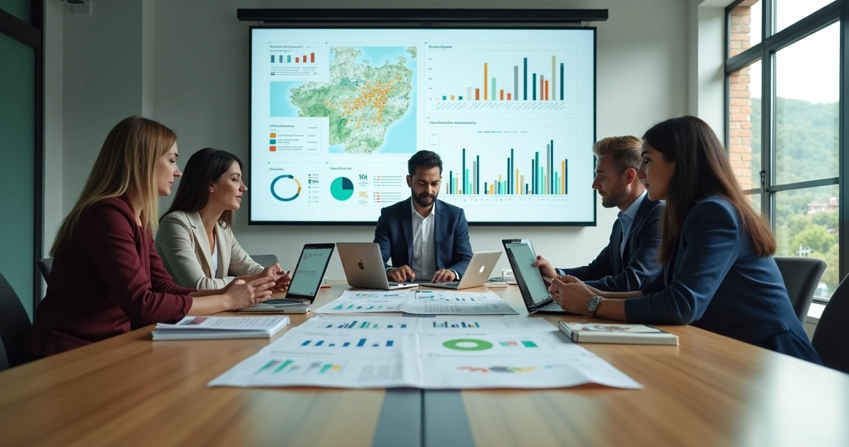 Equipe de marketing em reunião estratégica em escritório moderno com destaque para Embu das Artes ao fundo 