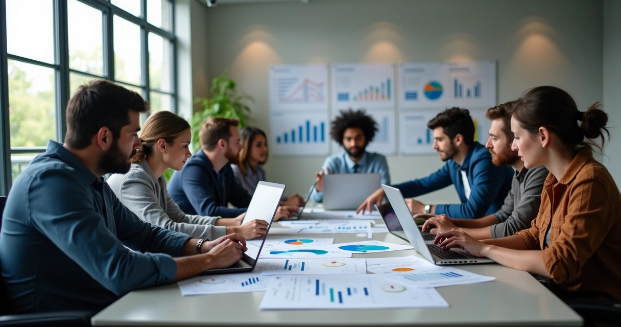 Equipe analisando resultados de marketing em reunião empresarial 