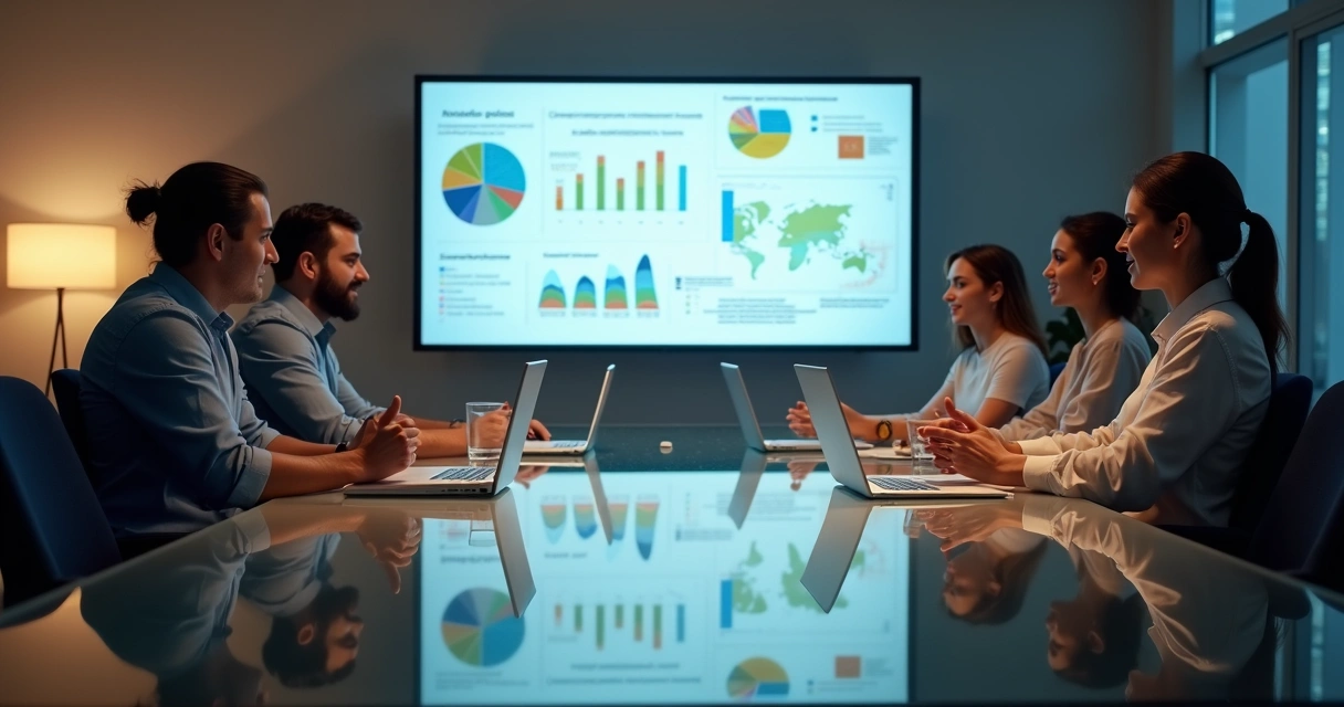 Equipe de marketing reunida em mesa analisando resultados digitais 