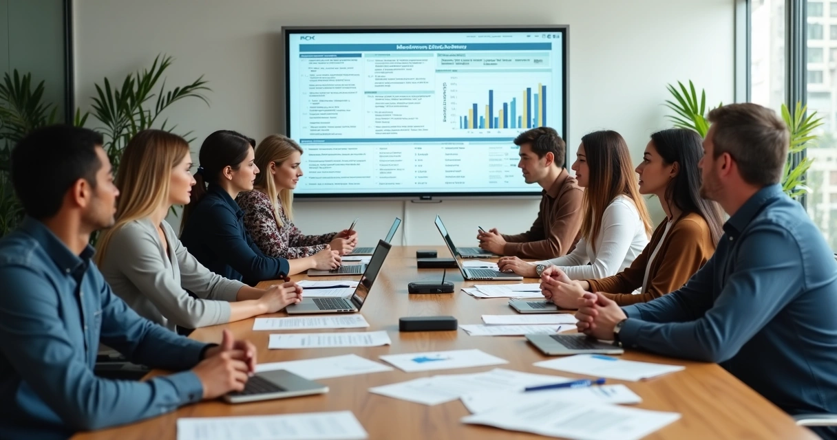 Equipe de marketing reunida em torno de mesa planejando ações 