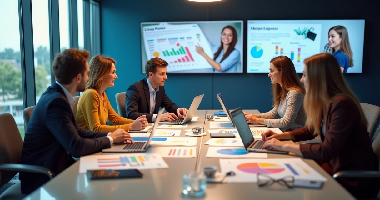 Equipe discutindo marketing em reunião escolar 