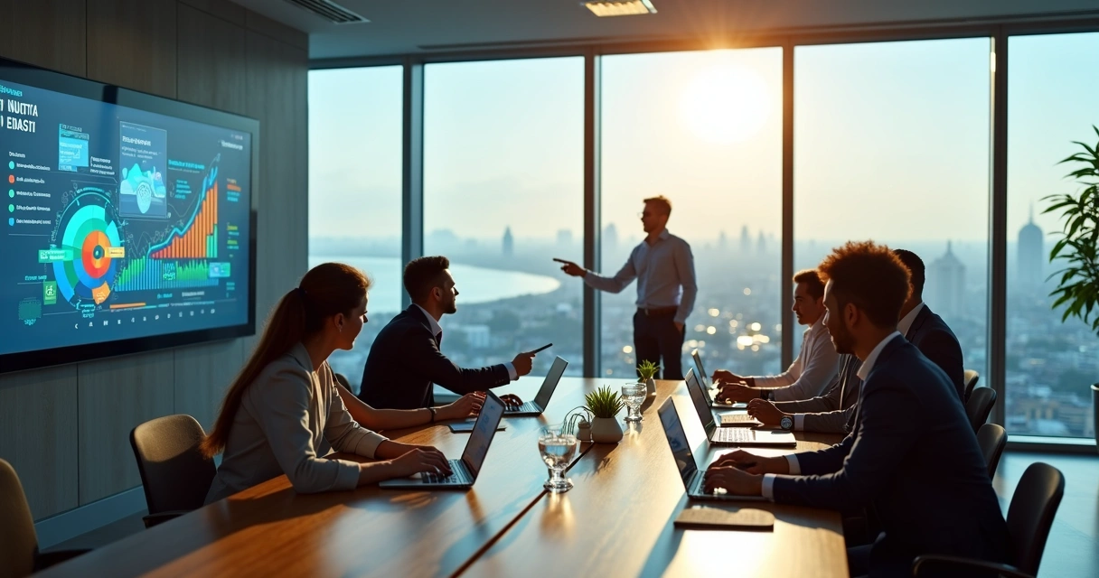 Equipe de marketing reunida em escritório moderno com vista para Fortaleza 