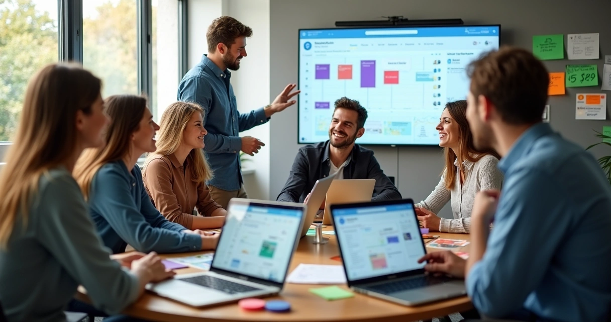 Equipe de marketing em reunião sobre IA e redes sociais 