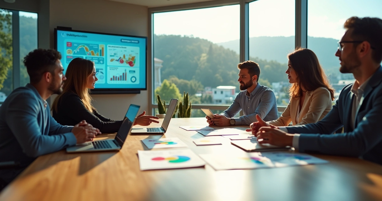 Equipe de marketing em reunião estratégica em escritório moderno 