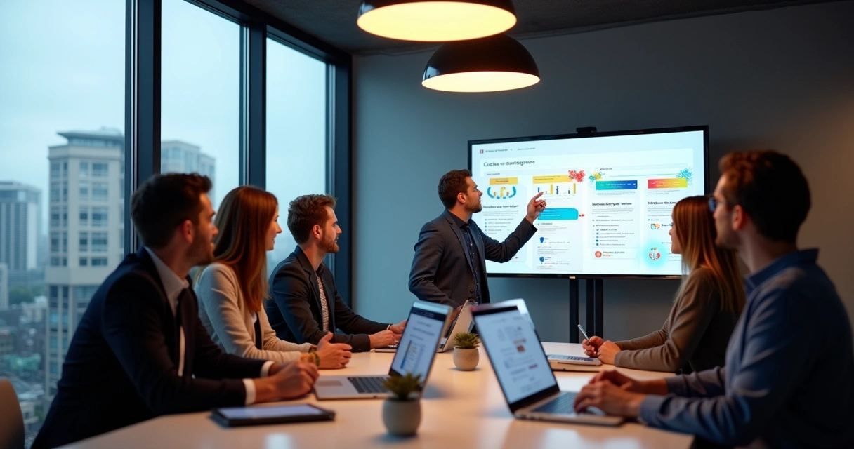 Profissionais de marketing reunidos em sala moderna em Joinville. 