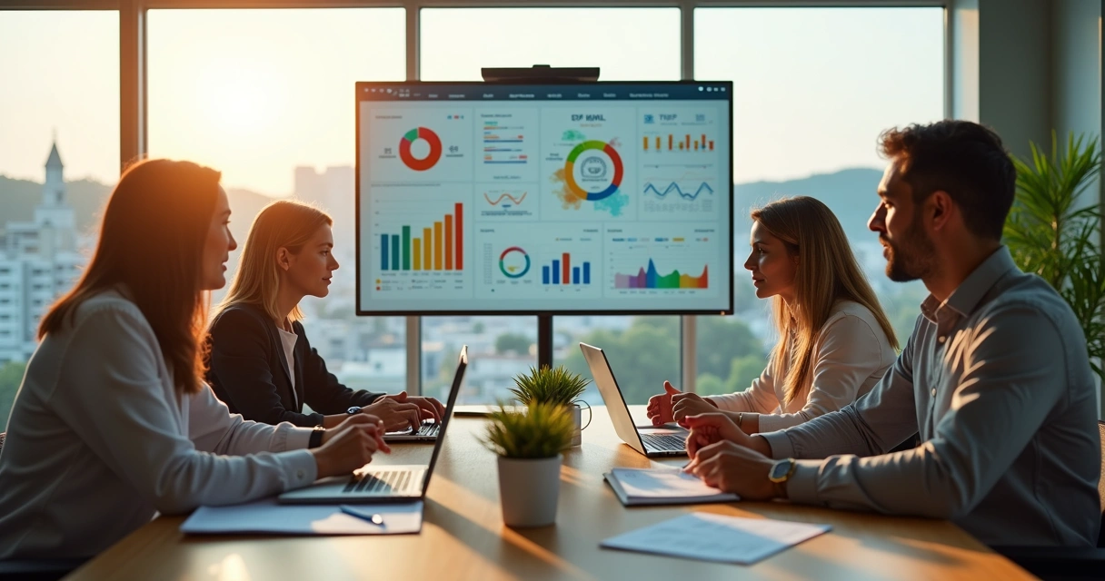 Equipe de marketing em reunião estratégica com vista urbana de Juiz de Fora ao fundo 