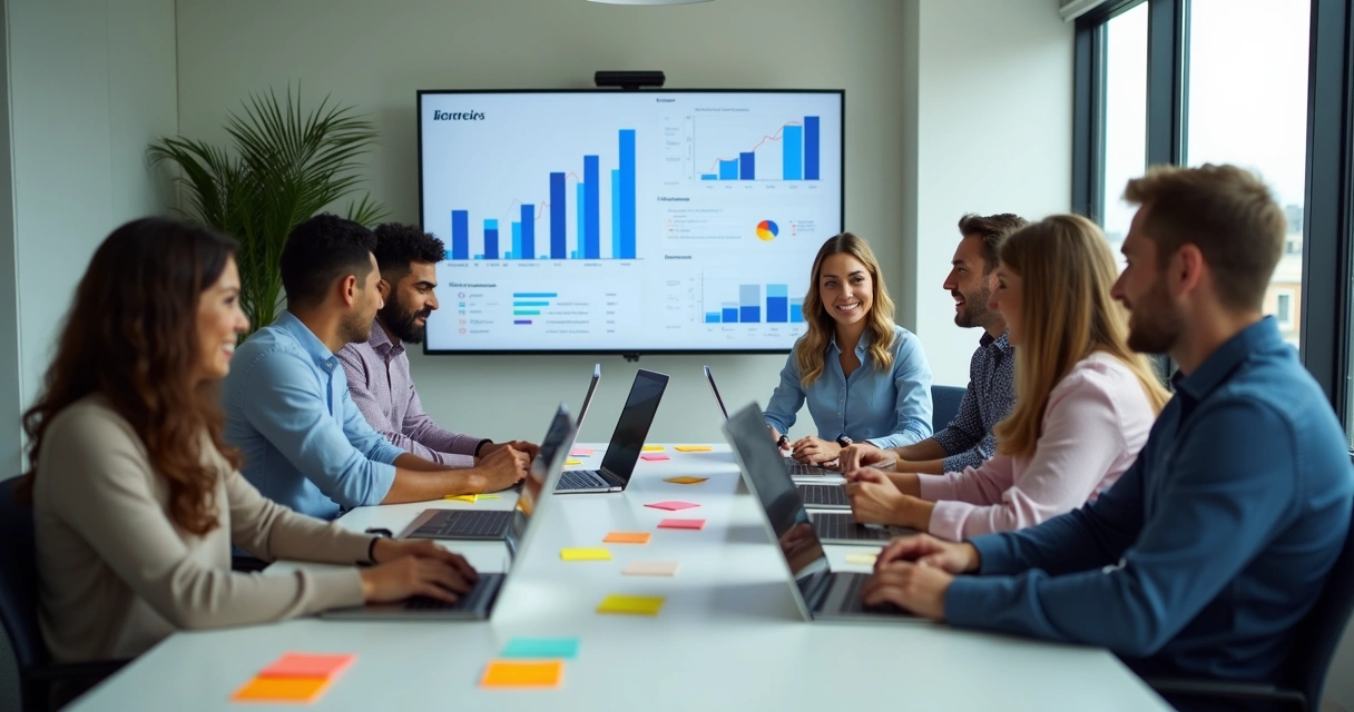 Equipe de marketing reunida em mesa discutindo estratégias digitais 