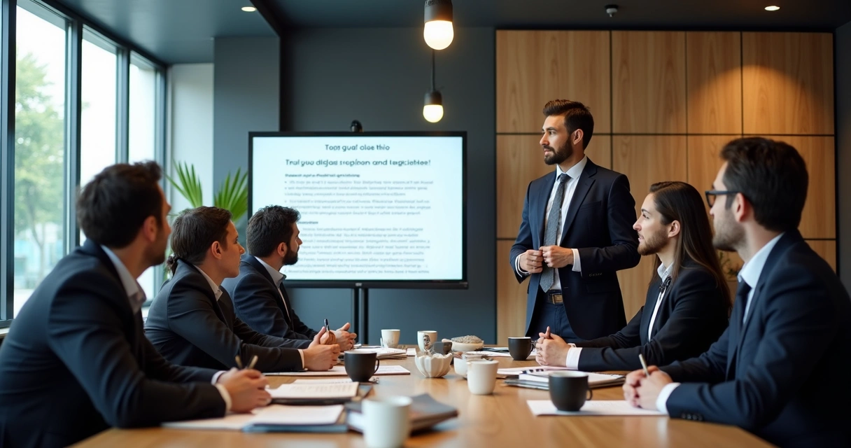 Advogado apresenta estratégias de marketing jurídico ético em reunião com colegas 