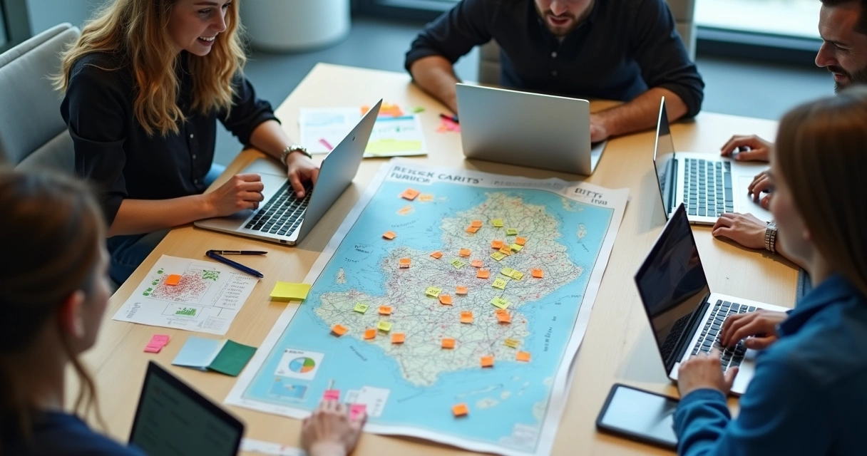 Equipe de marketing reunida analisando mapas e dados de cidades 