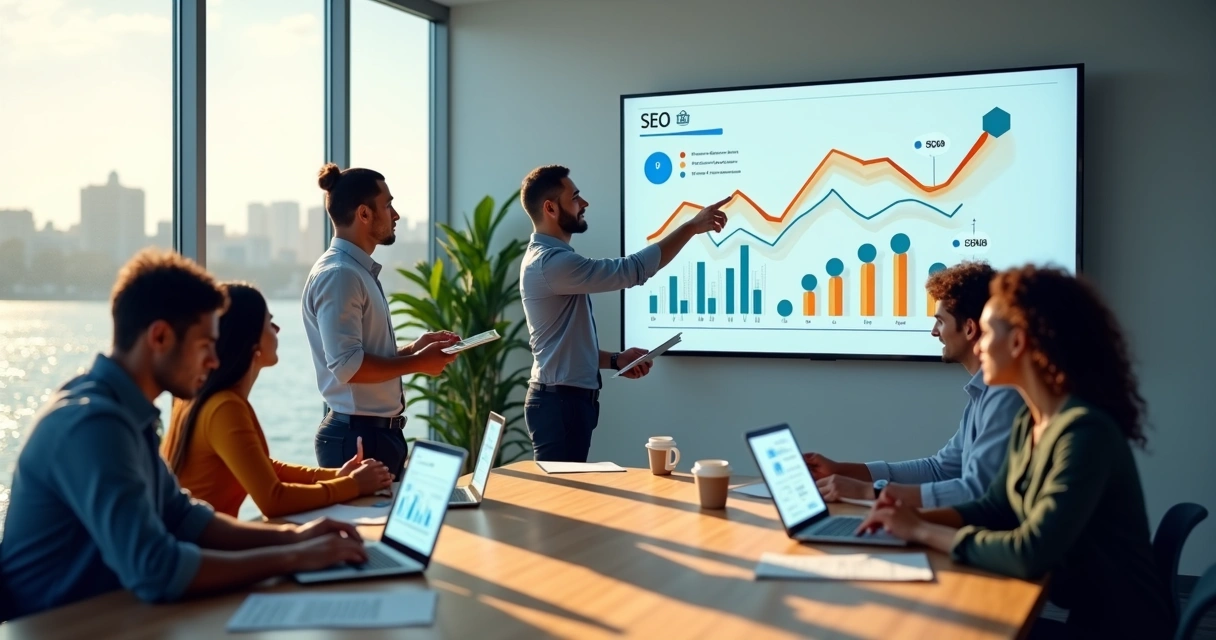 Equipe de marketing reunida em escritório moderno em Natal RN analisando gráficos digitais 