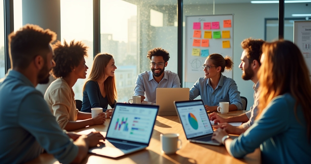 Equipe de marketing digital de Niterói em reunião, discutindo estratégias e gráficos 