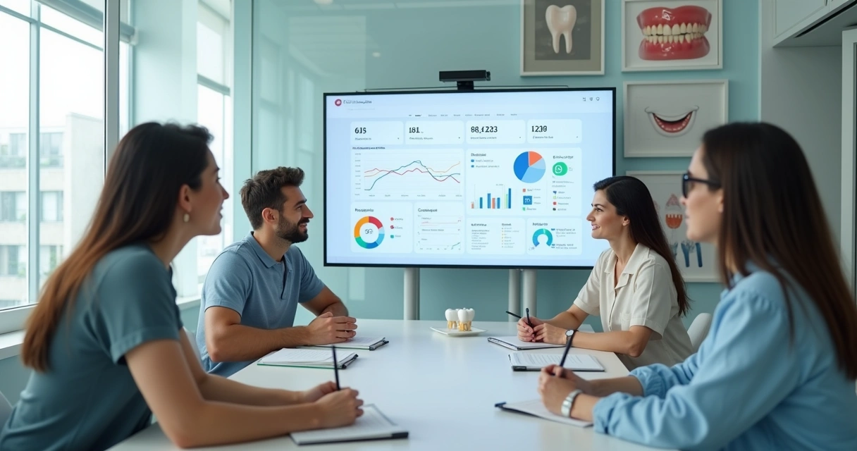 Equipe analisando marketing de clínica odontológica em reunião 