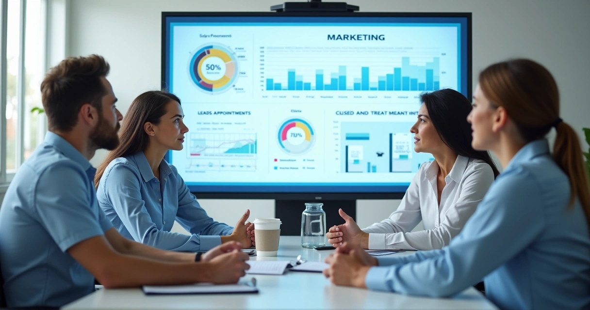 Equipe discutindo marketing de clínica odontológica com gráficos