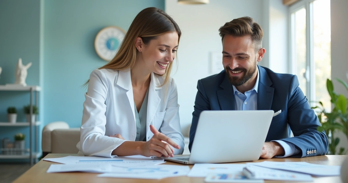 Reunião entre agência e clínica odontológica analisando resultados 