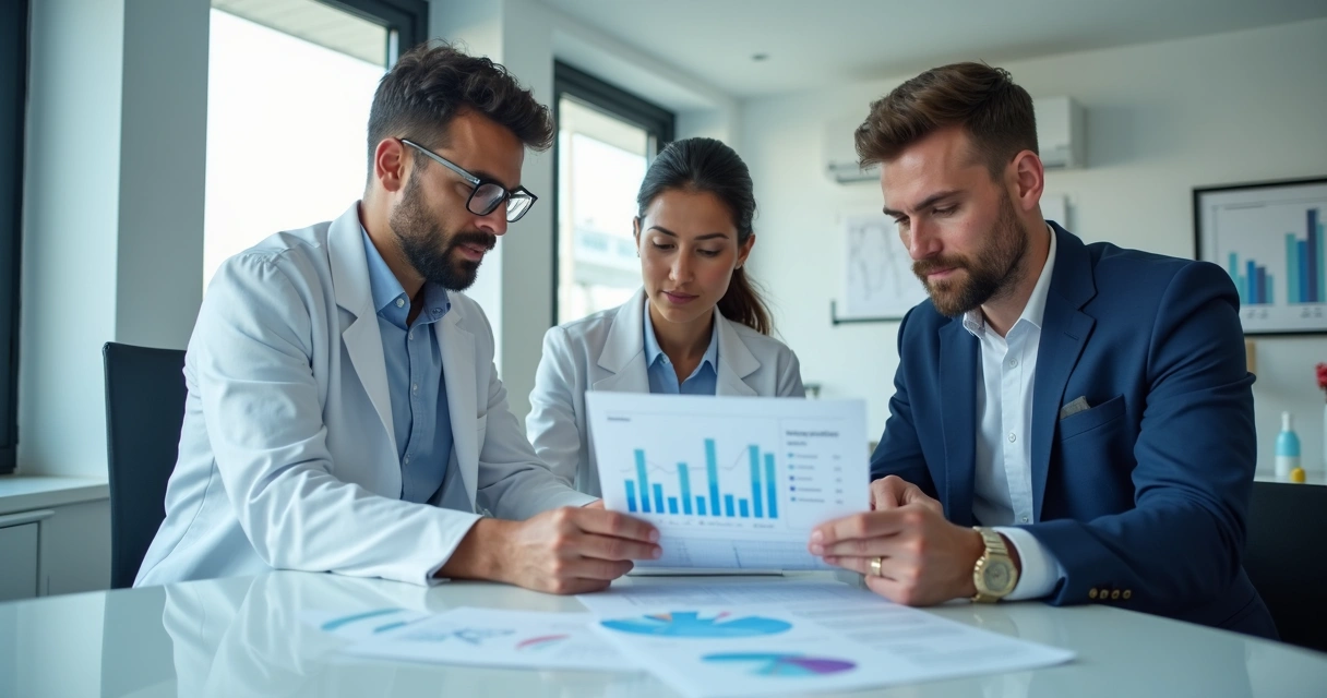 Reunião de marketing odontológico com dentista e equipe analisando métricas 