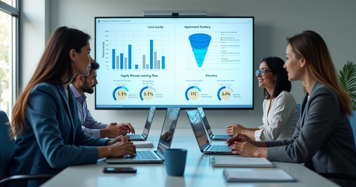 Equipe analisando campanha odontológica em tela