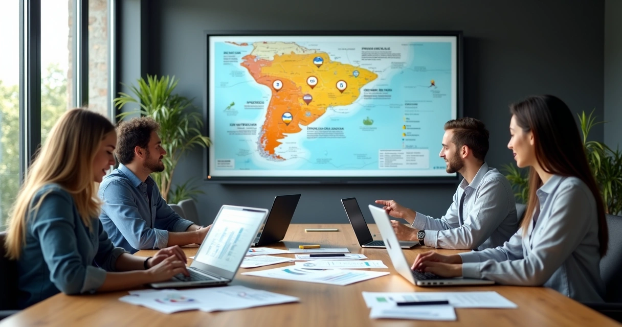 Equipe de marketing em reunião estratégica em escritório moderno com mapa de Palmas na tela 
