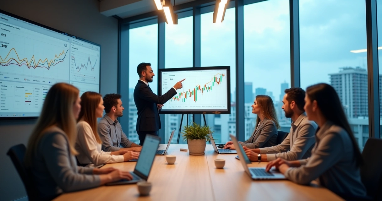 Equipe de marketing reunida em escritório moderno com vista urbana 